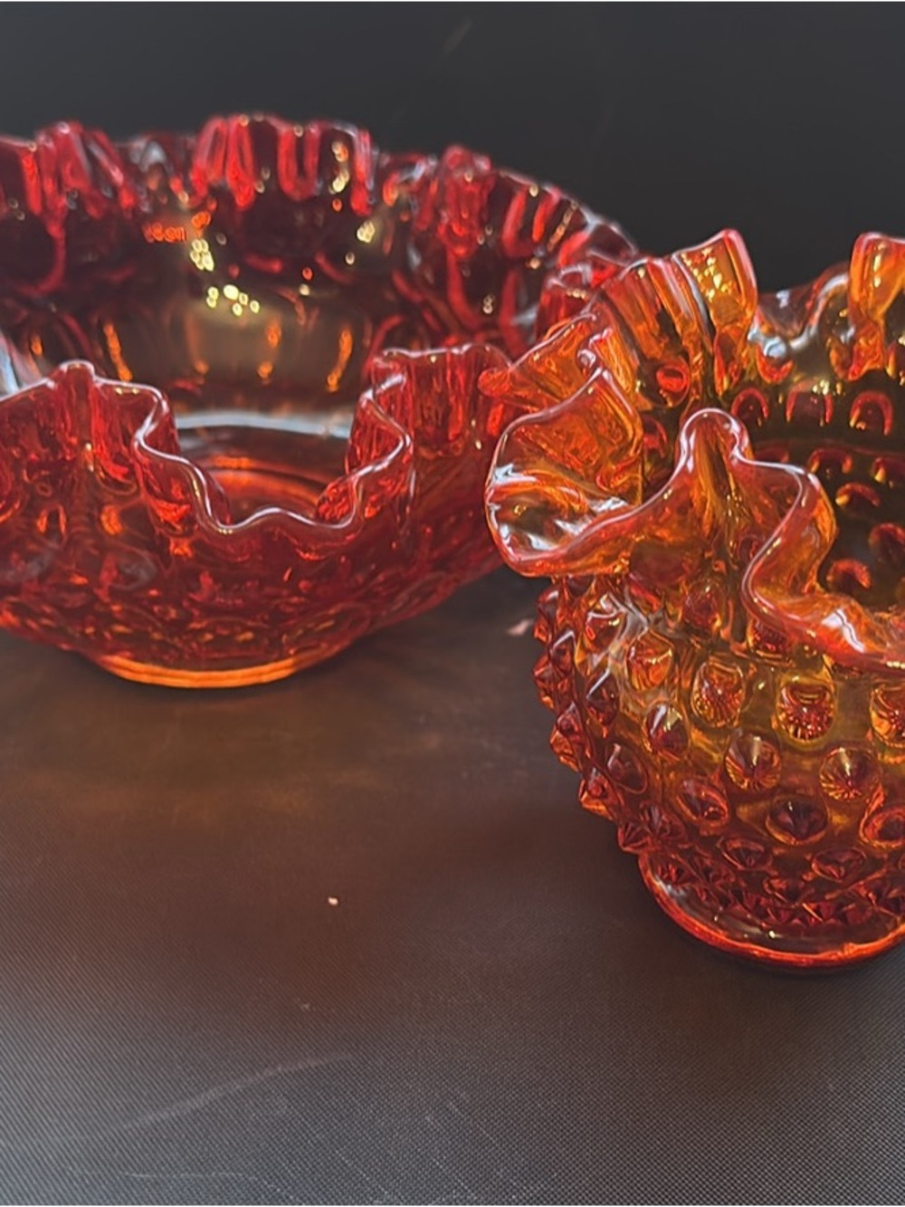 Amber-Red Hobnail Carnival Glass Bowls - Ruffled Edge